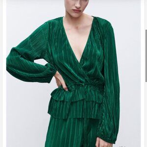 Zara Emerald Green Long Sleeve Pleated Blouse Suze Lg